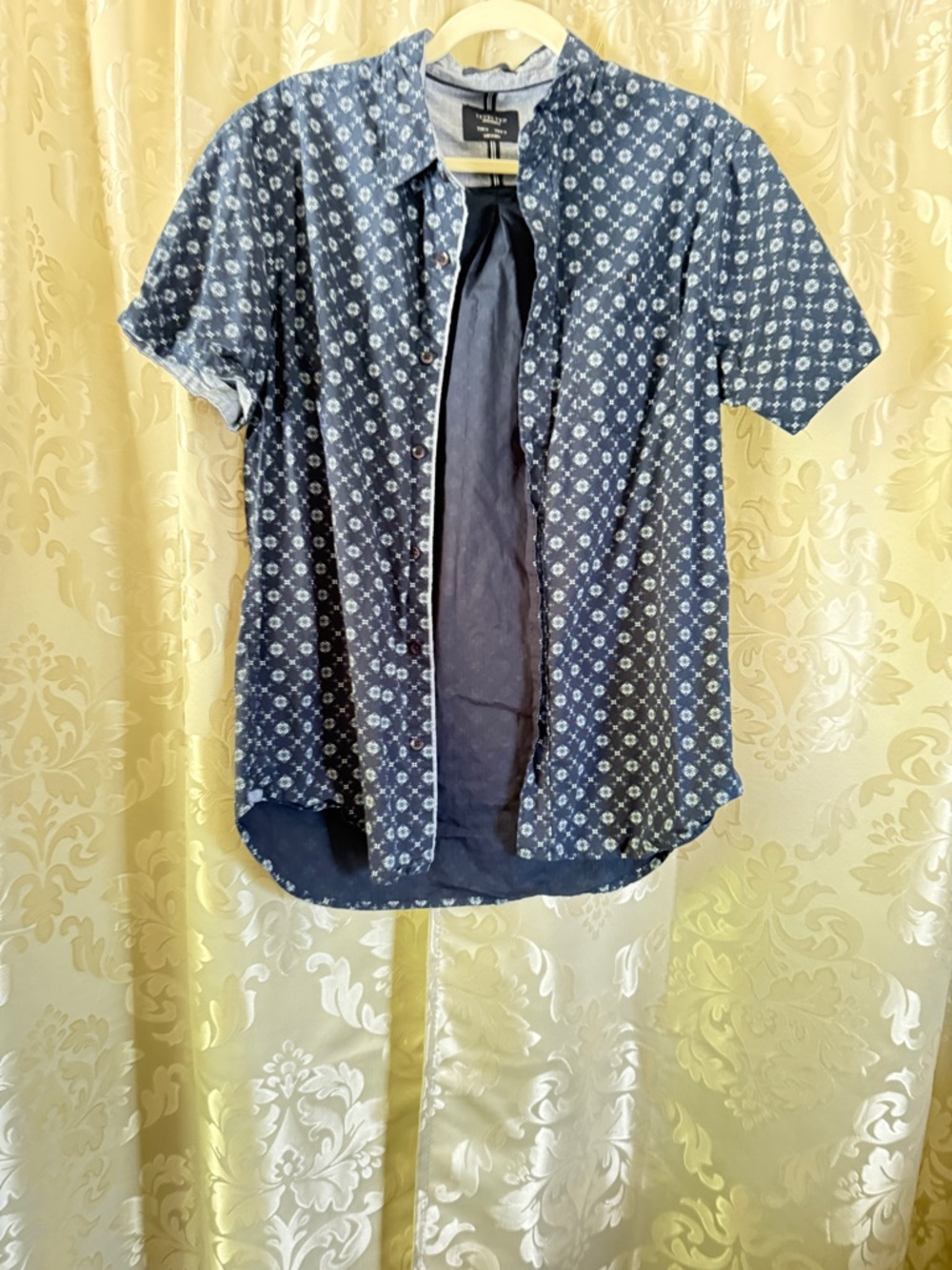 Navy Patterned Short Sleeve Button-Up Shirt/E053